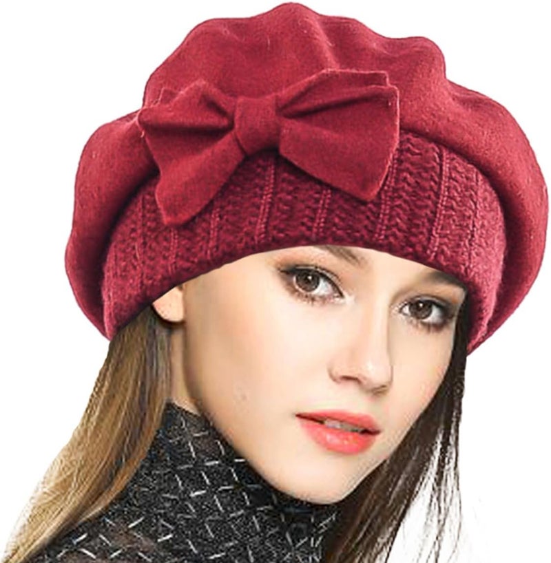 VECRY Lady French Beret 100% Wool Beret Floral Dress Beanie Winter Hat - Image 1